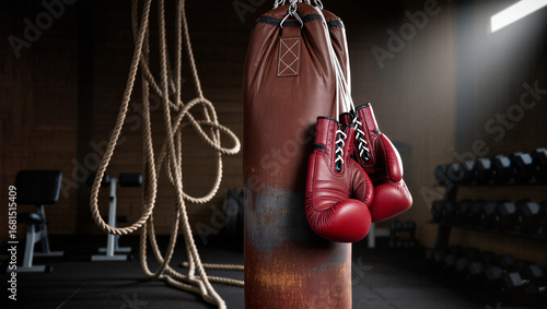 A pair of worn red boxing gloves hangs on a heavy brown punching bag in a dimly lit gym. The image evokes a sense of dedication, training, power, and determination in the sport of boxing.

