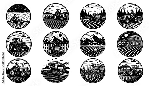 Vector art of collection of circular emblems depicting farming scenes with tractors, harvesters, and rural landscapes in a vintage woodcut style