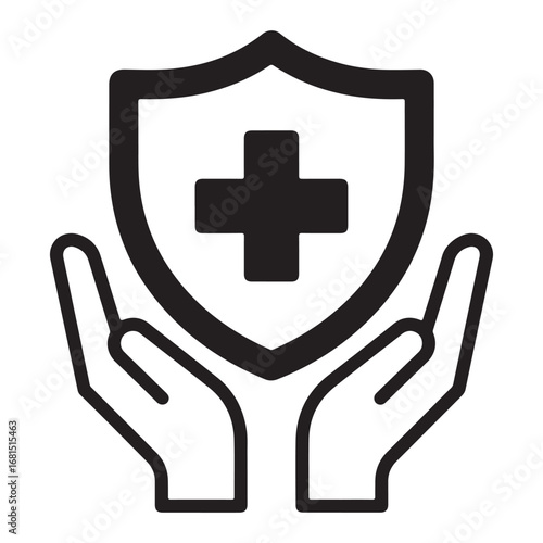 Black Shield with Cross and Hands Icon on White Background medical health
