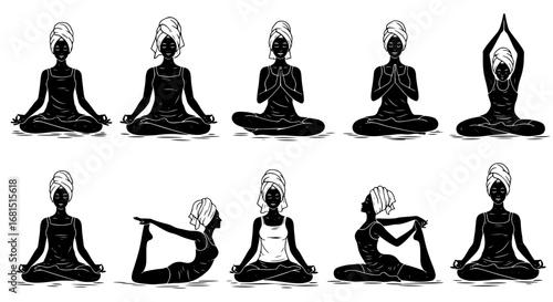 Vector art of set of various yoga postures demonstrated by silhouetted individuals, highlighting body control and inner peace