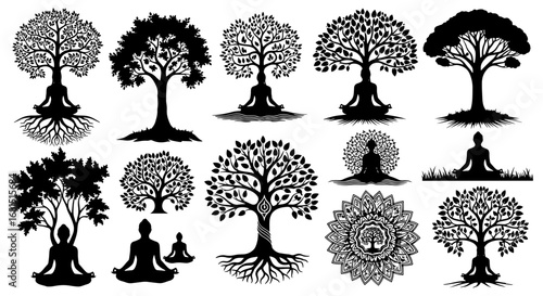 Vector art of collection of stylized trees with human figures in meditation poses, representing yoga and nature