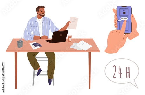 Man multitasking at desk with laptop, documents, coffee hand unlocking smartphone with secure method. Ideal for productivity, remote work, multitasking, cybersecurity, time management, tech use