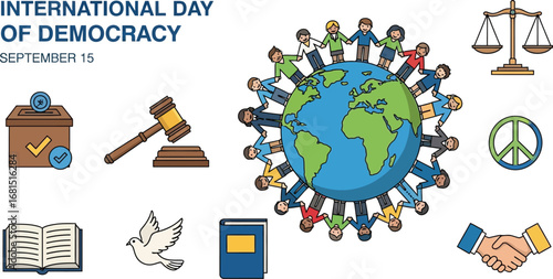 Illustration for international day of democracy with symbols of justice and global unity shown
