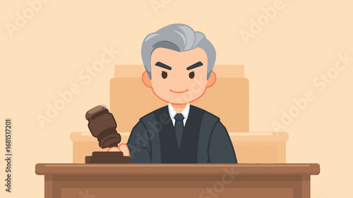 Judge with gavel in courtroom illustration