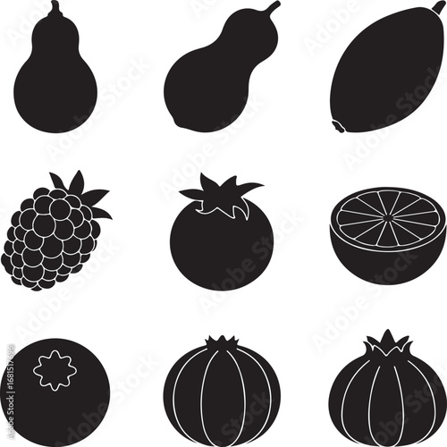 Fruit and vegetable silhouettes black white