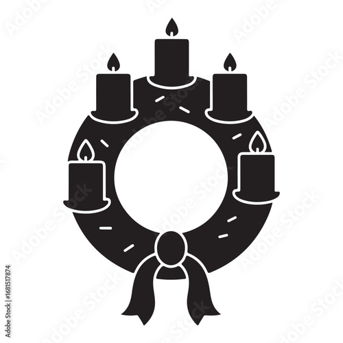 Black Silhouette of a Festive Wreath with Five Burning Candles and a Decorative Bow