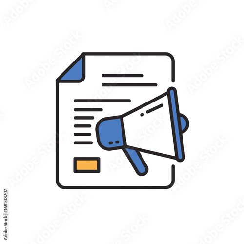 Announcement Icon: A digital announcement icon, showcasing a document with a megaphone, to inform users and convey essential details to the audience.