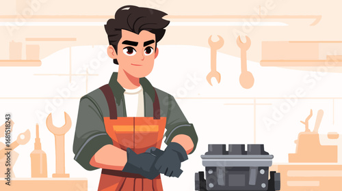 Male mechanic working on engine in workshop