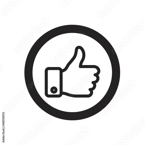 Thumbs Up Symbol: The universal gesture of approval, a sleek black and white thumbs-up symbol, perfectly captured inside a contrasting black circle, representing endorsement.
