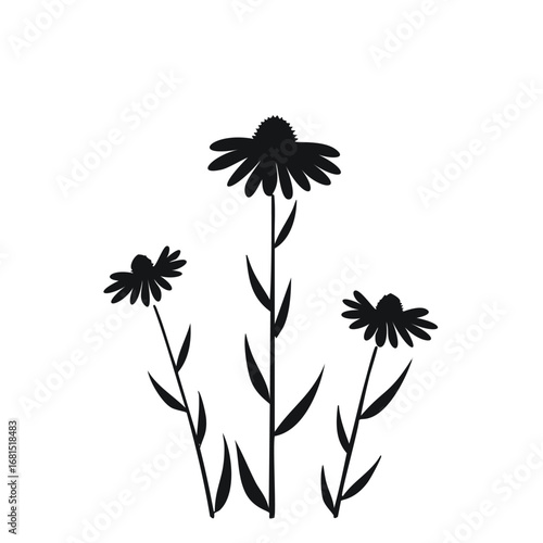Black silhouette of three daisy flowers with stems and leaves daisies floral