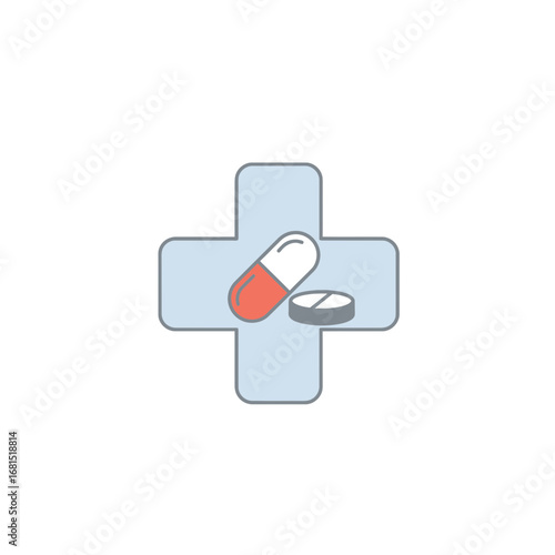 Healthcare Symbol: A stylized cross of healthcare, emblazoned with an illustration of a capsule and tablet, serving as a visual shorthand for medical and pharmaceutical concepts.