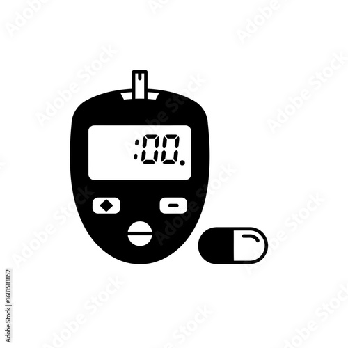 Diabetes Care: A minimalist silhouette presents a blood glucose meter alongside a single capsule, visually representing the core elements of diabetes management and healthcare.