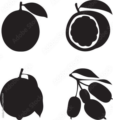 Four black fruit silhouettes with leaves white