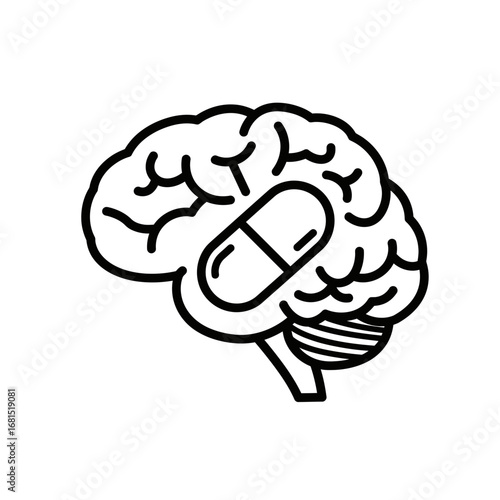 Brain with Pill Icon: This image showcases a clear, vector-based illustration of a human brain with a pill, representing the connection between the mind and medication.