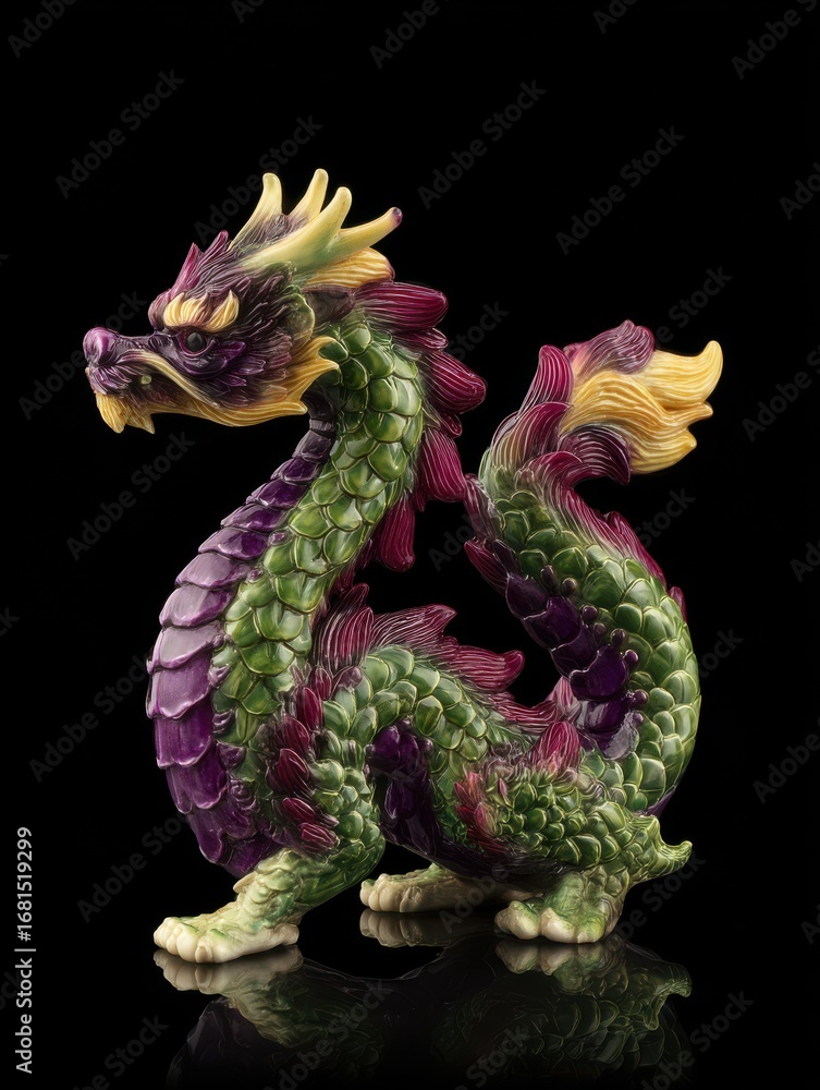 Fototapeta premium Intricate Dragon Figurine Standing Tall Studio Shot on Black Background Fantasy Art Sculpture