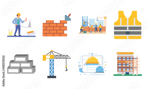 Construction and Building Icons Set – Architecture Tools, Engineering Equipment, Construction Site, Crane, Safety Helmet, Concrete Mixer, Bulldozer, Power Drill, Saw, Hammer, Ruler, Paint Roller, Wood