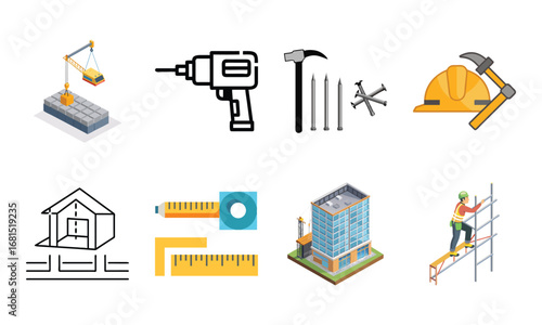 Construction and Building Icons Set – Architecture Tools, Engineering Equipment, Construction Site, Crane, Safety Helmet, Concrete Mixer, Bulldozer, Power Drill, Saw, Hammer, Ruler, Paint Roller, Wood
