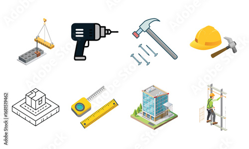 Construction and Building Icons Set – Architecture Tools, Engineering Equipment, Construction Site, Crane, Safety Helmet, Concrete Mixer, Bulldozer, Power Drill, Saw, Hammer, Ruler, Paint Roller, Wood