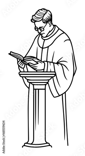 Catholic priest reading from lectern – solemn line art clerical illustration