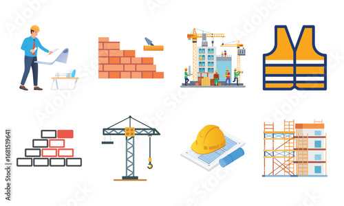 Construction and Building Icons Set – Architecture Tools, Engineering Equipment, Construction Site, Crane, Safety Helmet, Concrete Mixer, Bulldozer, Power Drill, Saw, Hammer, Ruler, Paint Roller, Wood