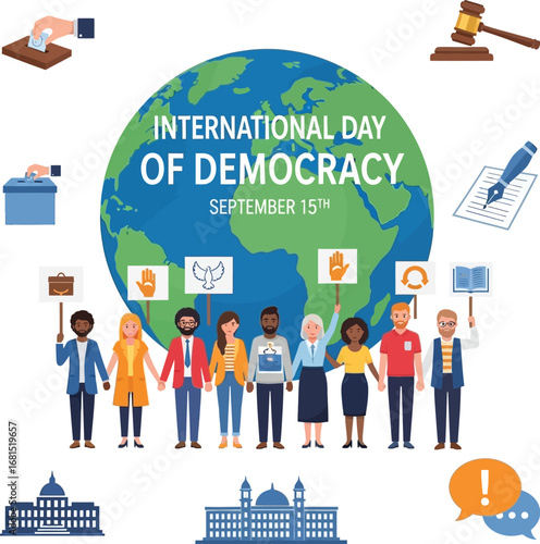International day of democracy illustration with diverse people and democratic symbols around the globe