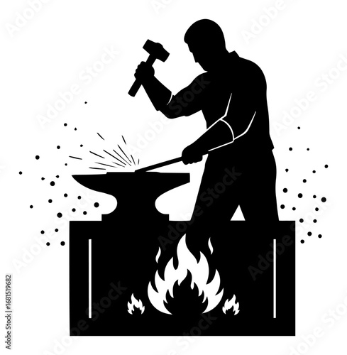 Blacksmith forging sword on anvil – dynamic silhouette of metalworking craft