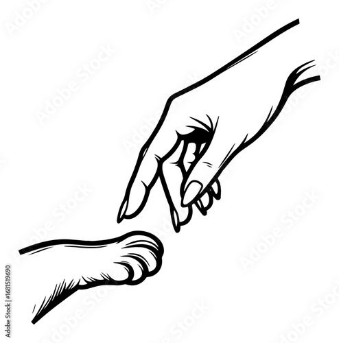 Human hand reaching to dog paw – touching friendship compassion line art icon