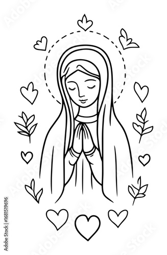 Virgin Mary praying with hearts – minimalist line art holy mother icon of love and faith