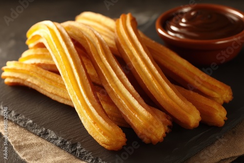 Golden Churros Stacked on Slate with Chocolate Dipping Sauce Overhead Close Up Food Photography