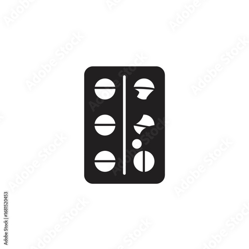 Pills blister pack icon: A black and white graphic representation of an opened blister pack, showcasing a medical supply of medicine ready for use.