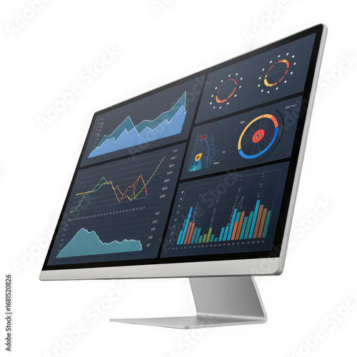 Modern computer monitor displaying complex financial data and charts isolated on transparent background