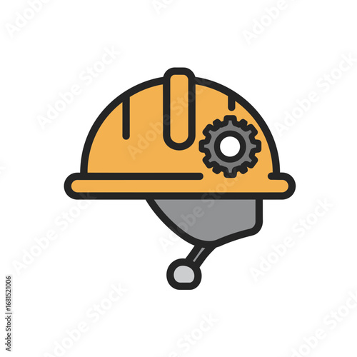 Safety First: Illustrated view of a protective helmet featuring a mechanical gear, symbolizing construction, engineering, and industry. A visual representation of diligence, and safety standards.