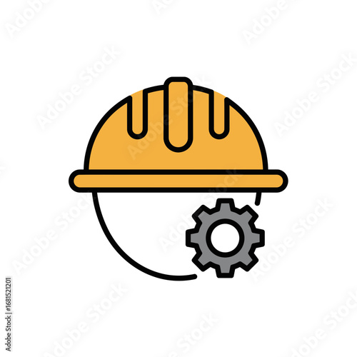 Construction Helmet and Gear: A simple yet compelling visual representation of construction work, depicting an iconic hard hat and a gear symbol. Symbolizing precision, safety.