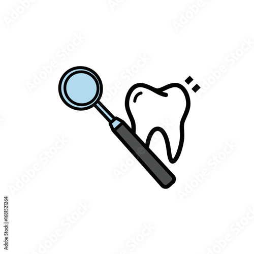 Dental Health: A detailed illustration of a molar tooth alongside a dentist's mirror, symbolizing oral hygiene and medical health.