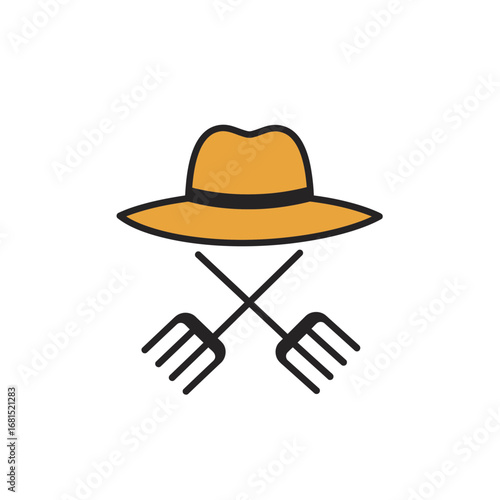 The Emblem of the Farm: A timeless symbol representing farming life, with a straw hat and two crossed pitchforks illustrated simply on a clean background.