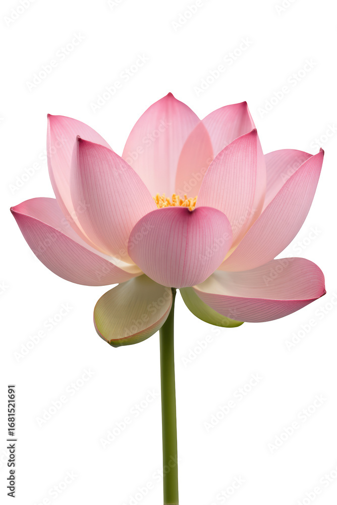 Fototapeta premium Beautiful pink lotus flower with delicate petals and green stem, symbolizing purity and tranquility