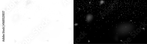 Snowflakes falling on a black background, isolated snowfall effect, festive Christmas background, white snow overlay for photo editing. PNG format. Realistic winter atmosphere.