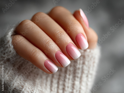 Beautiful hand showcasing positive ombre pink milky nail design, featuring smooth gradient from soft pink to white. nails are elegantly manicured, adding touch of sophistication