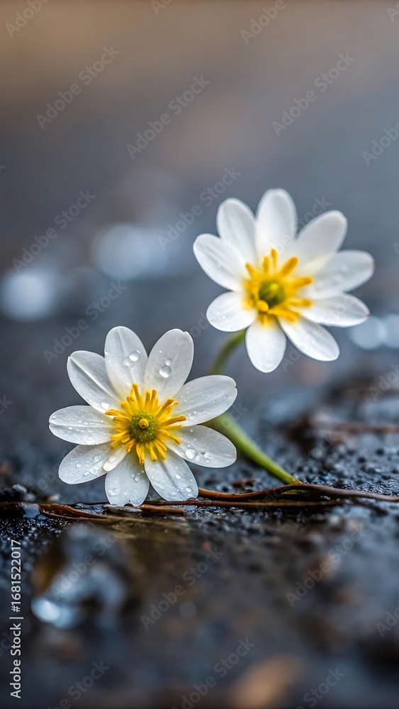 Obraz premium Delicate white spring flowers with yellow centers on wet surface