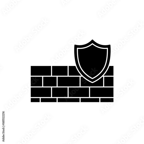 Cybersecurity Shield: A sleek, minimalist silhouette of a sturdy brick wall paired with a protective shield, symbolizing the robust security and digital defenses protecting valuable data.