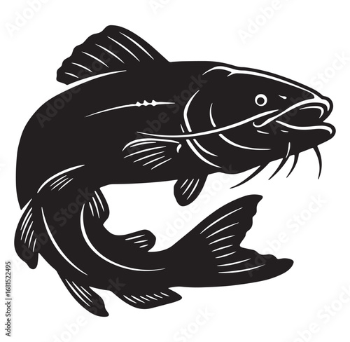 Black and white vector illustration of a detailed catfish isolated on white