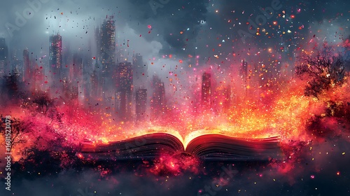 Open book in flames cityscape