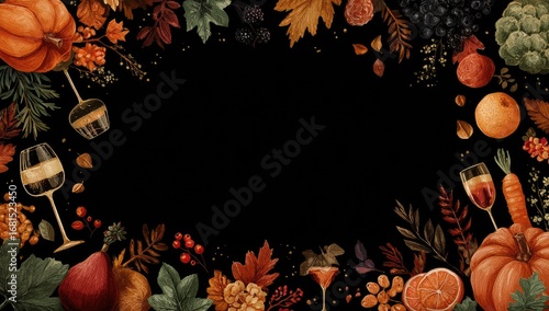 Fototapeta Naklejka Na Ścianę i Meble -  Autumnal border of fall fruits, gourds, leaves, and drinks on a dark background