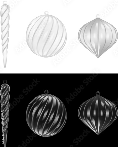 Set of isolated christmas glass decorations. Collection of transparent Christmas decorations. Crystal ice drop and baubles. realistic christmas ornaments