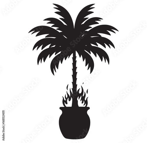 Black silhouette of a palm tree with flames emanating from a decorative pot