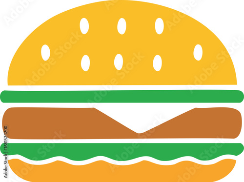 Yellow bun green lettuce brown patty cheese burger hamburger food