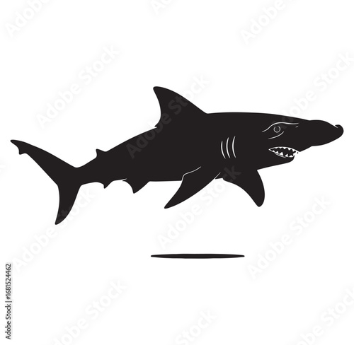 Black silhouette vector illustration of a great white shark isolated on a white background