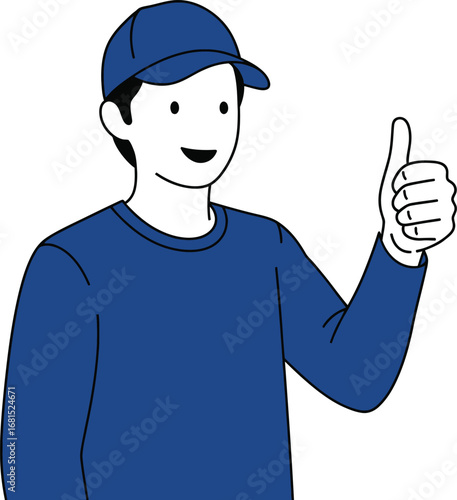 Cartoon Man in Blue Cap Thumbs Up Gesture Vector Illustration Agreement Approval Success Graphic