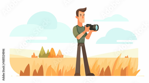 Photographer taking pictures in a field