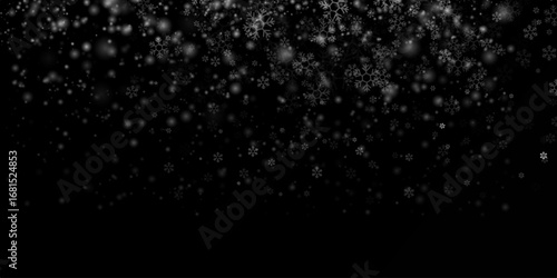 Snowflakes. Falling snow isolated. Gentle fall of natural snowflakes, realistic winter effect, perfect for digital artwork. Christmas background. Falling snowflakes on black background. Snowflake PNG